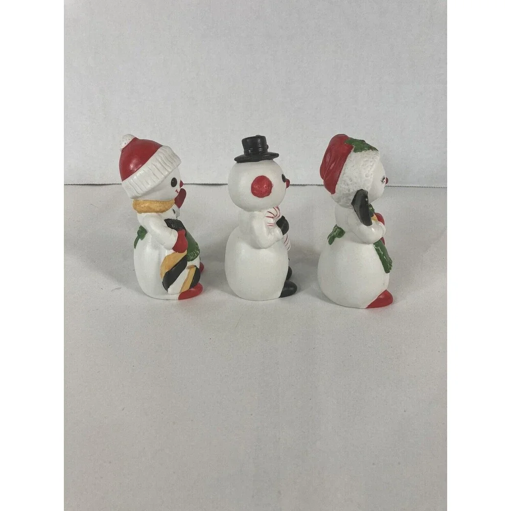 Porcelain Bisque Snowmen Set of 3 Shovel Stocking Candy Cane Vintage Taiwan Xmas
